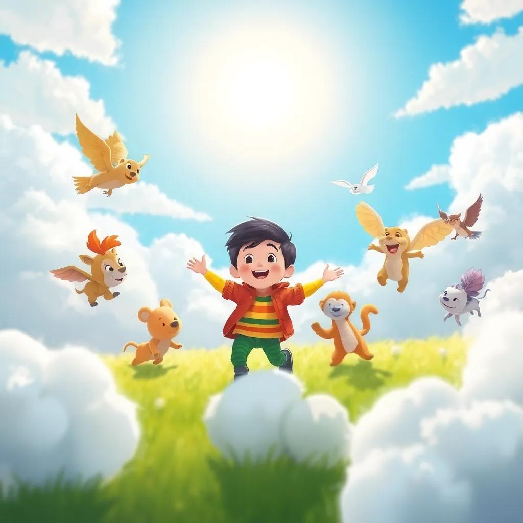 Oliver and flying animals dancing through fluffy white clouds, playing hide and seek, with a sun shining brightly in a blue sky, joyful and lively, illustration, colorful
