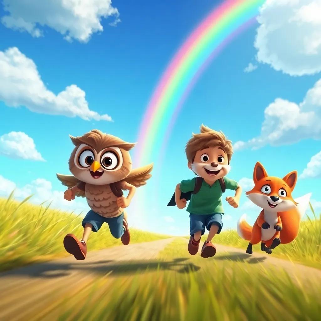 Oliver racing with the wise owl and the friendly fox towards a brilliant rainbow in the sky, excitement in the air, bright colors, dynamic scene, child-friendly art