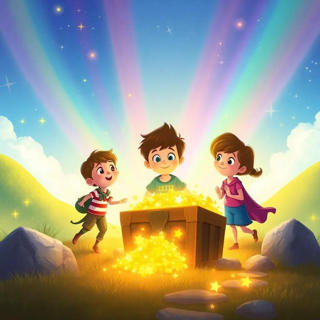 Oliver and friends reaching the end of a rainbow, finding a golden treasure chest filled with sparkling stars, magical atmosphere, bright and inviting, illustration