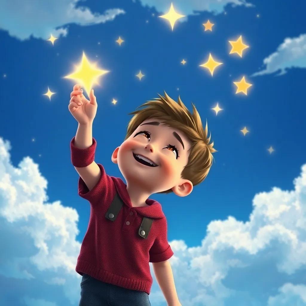 Oliver, full of joy, making a wish with sparkling stars around him, a magical atmosphere, with blue skies and fluffy clouds in the background, captivating scene, vibrant
