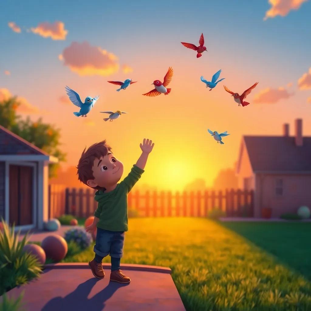 Oliver waving goodbye to his flying friends, slowly floating back to his backyard, sunset background creating a warm atmosphere, heartwarming image, colorful