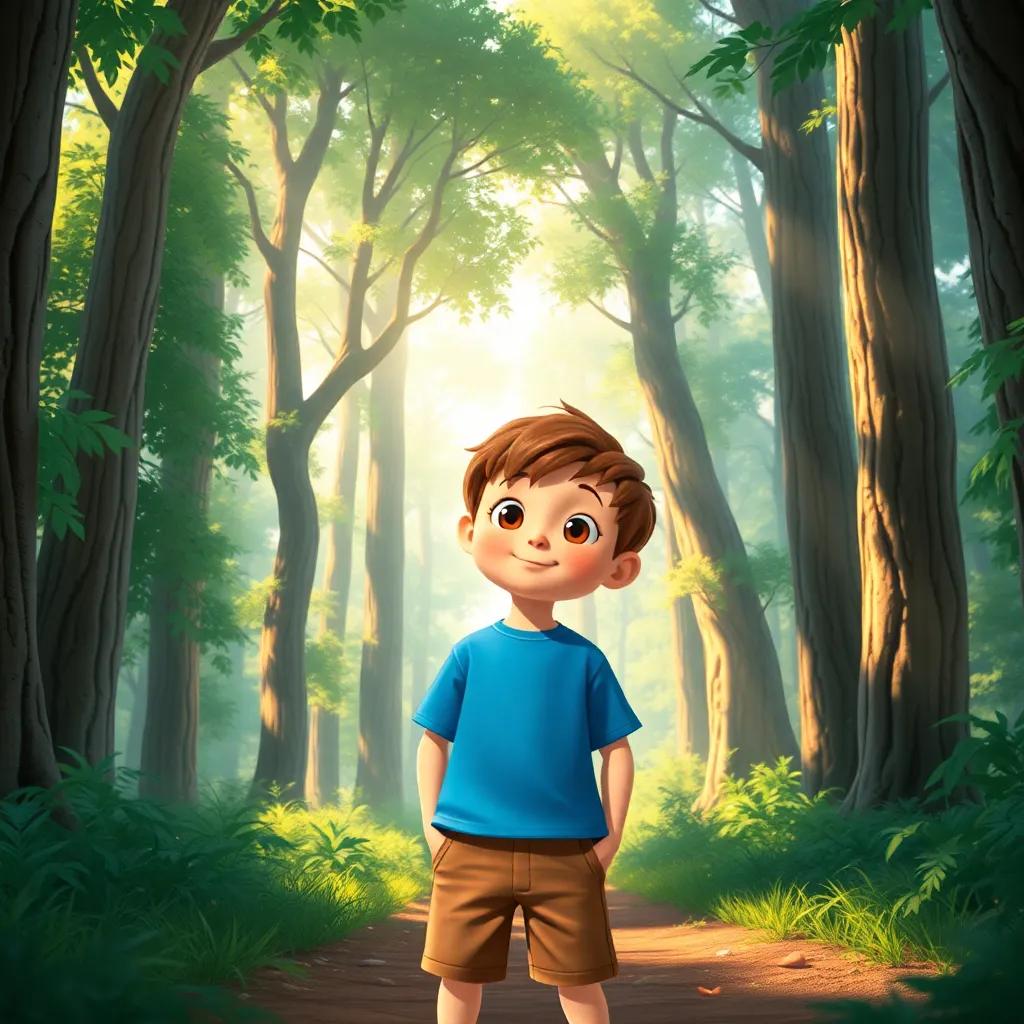 A curious boy named Oliver, with short brown hair, wearing a blue t-shirt and brown shorts, standing at the entrance of a magical forest with tall trees, sunlight streaming through the leaves, vibrant colors, inviting atmosphere, child-friendly illustration