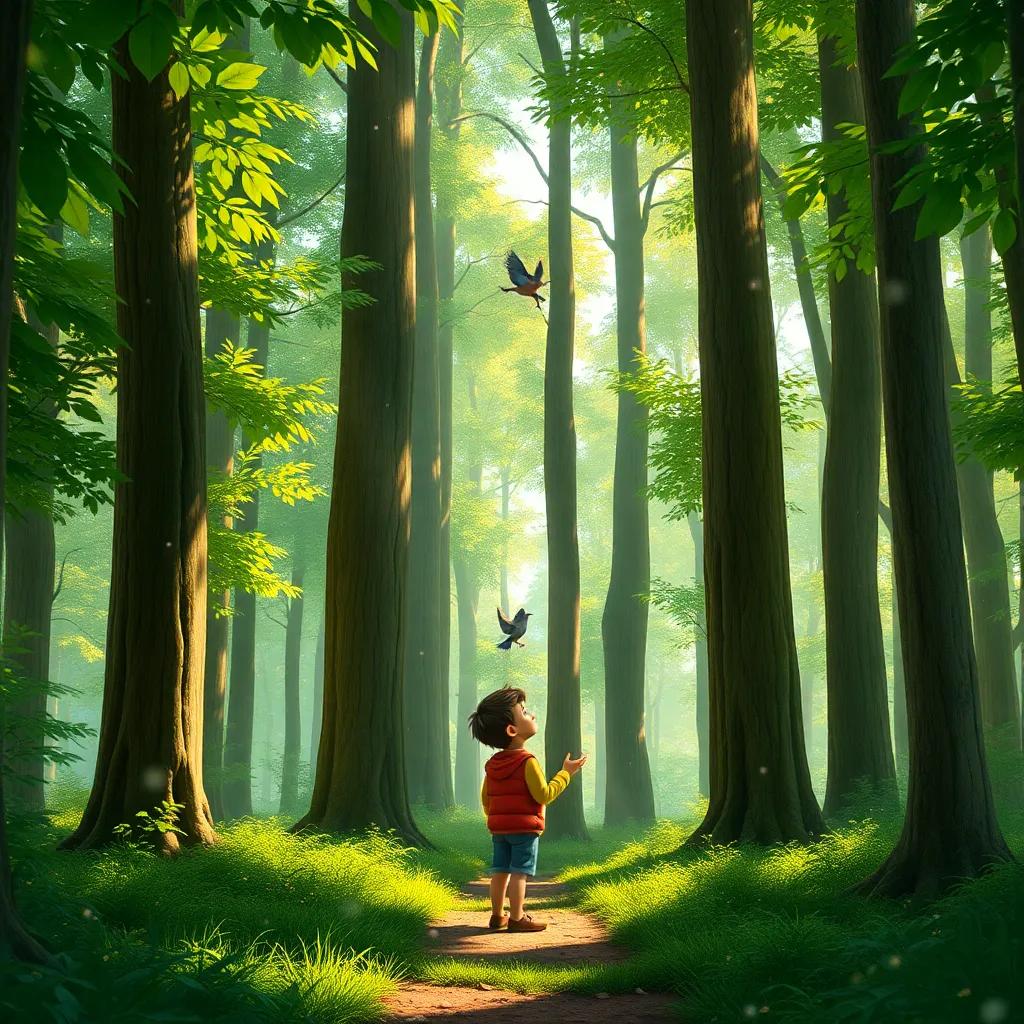 Inside the forest, Oliver surrounded by tall, sparkling trees, hearing birds sing, the leaves twinkling in the sunlight, vibrant greenery, serene environment, cheerful art