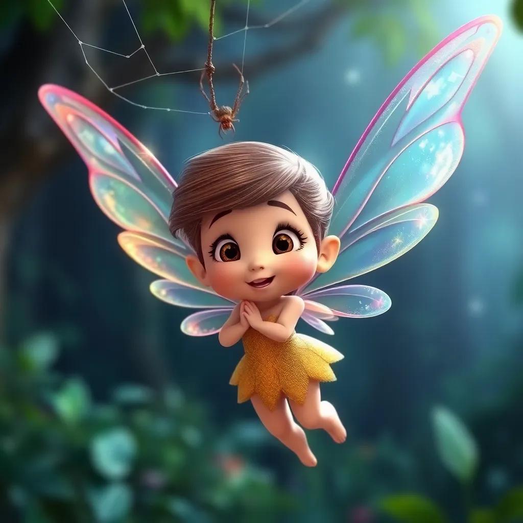 A tiny fairy named Lila, with delicate wings sparkling like rainbows, caught in a spider's web, a look of surprise on her face, detailed and colorful, showcasing her beauty, magical forest background, child-friendly