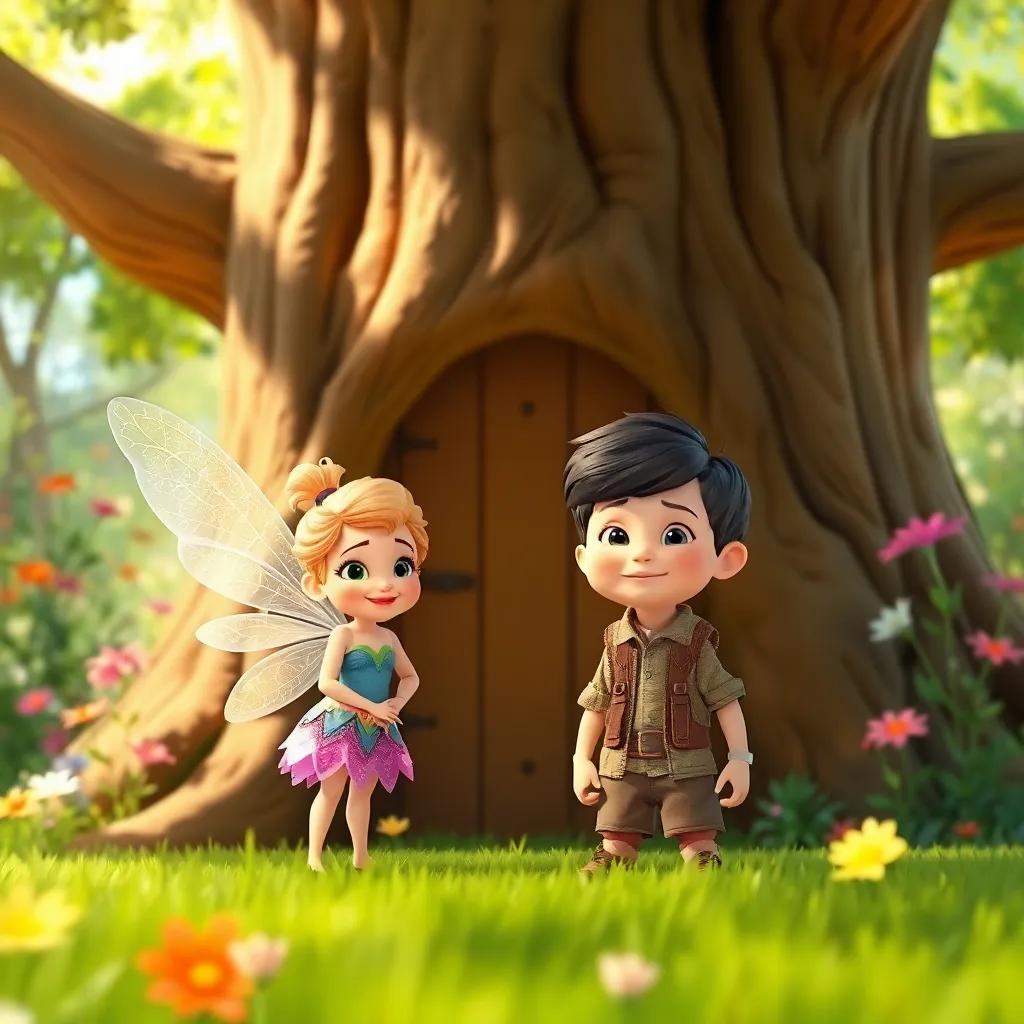 Lila, the fairy, with Oliver, in front of a big tree with a door, both looking determined, surrounded by colorful flowers, bright sunlight, adventure-themed, happy expressions