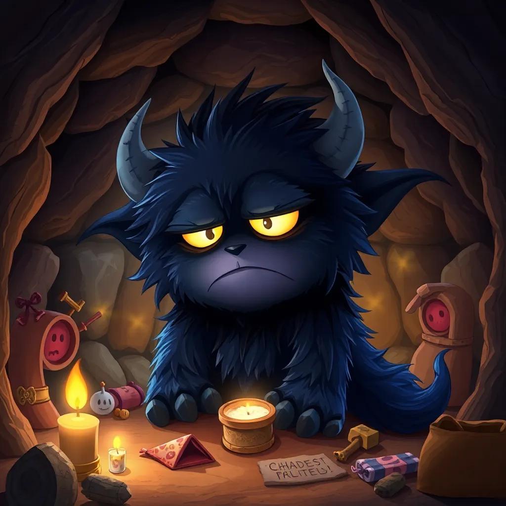 A big, furry Shadow Beast with glowing eyes, looking sad in a cozy cave, with magical items scattered around, a warm light shining, creating a friendly atmosphere rather than scary, child-friendly illustration