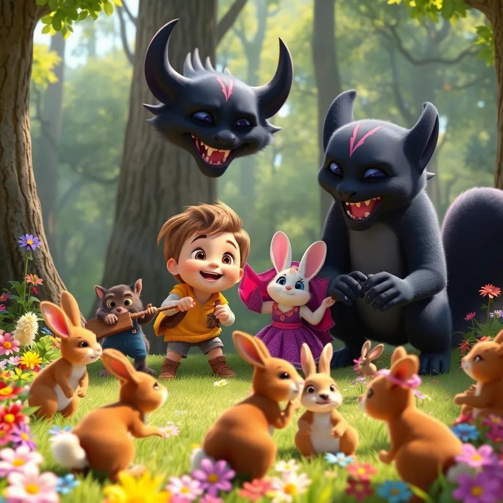 Oliver, Lila, and the Shadow Beast, playing together with forest animals like rabbits and squirrels, everyone laughing, colorful flowers and sunshine around, joyful scene, high-quality art