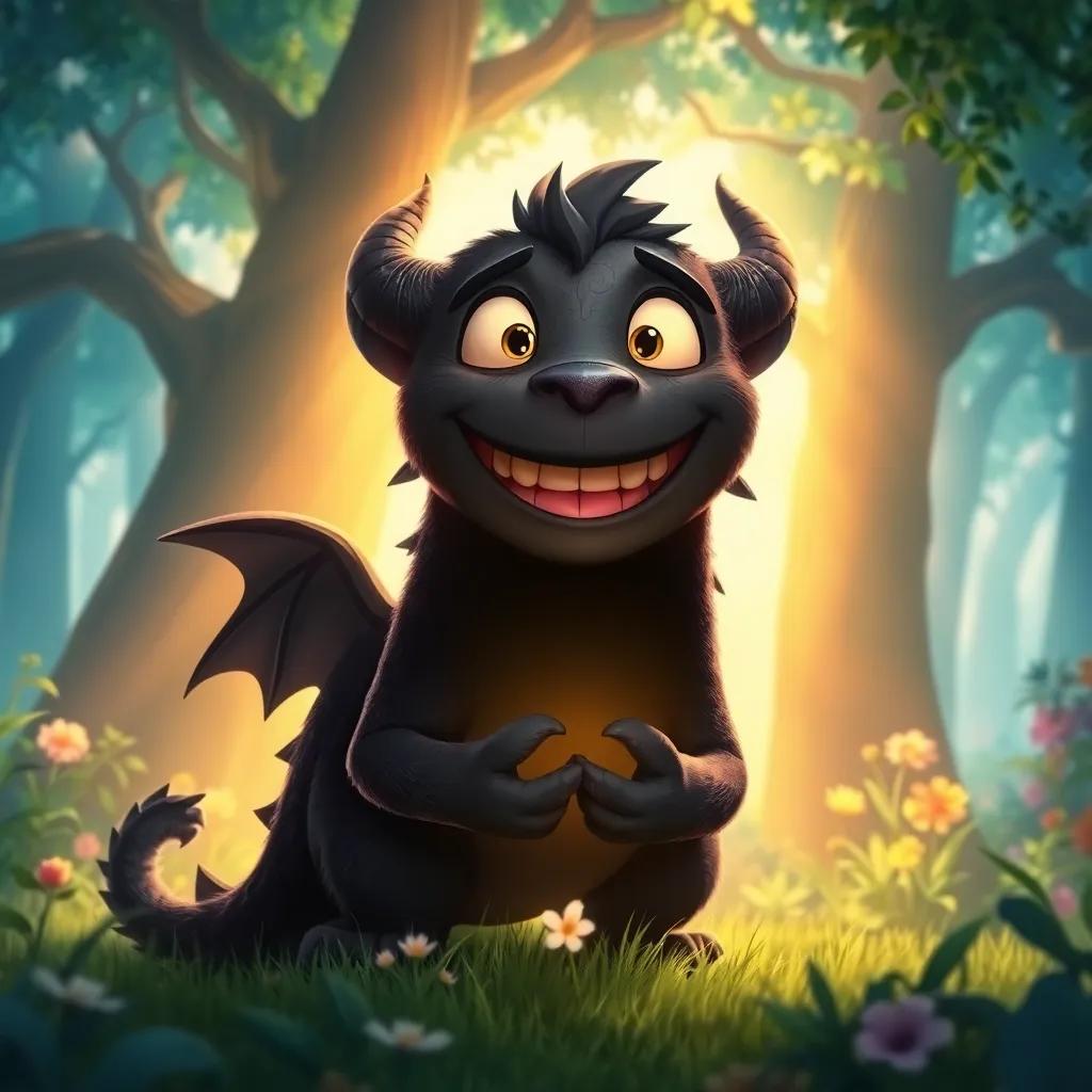 The Shadow Beast smiling gratefully, promising to protect the magic, surrounded by a magical forest full of life, warm sunlight, positive and cheerful atmosphere, child-friendly art