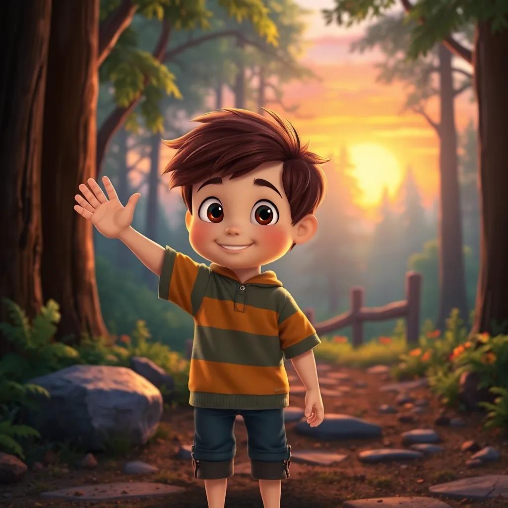 Oliver, a curious boy, waving goodbye at the forest entrance, looking back with a smile as the forest glimmers with magic, sunset in the background, heartwarming scene, colorful and inviting