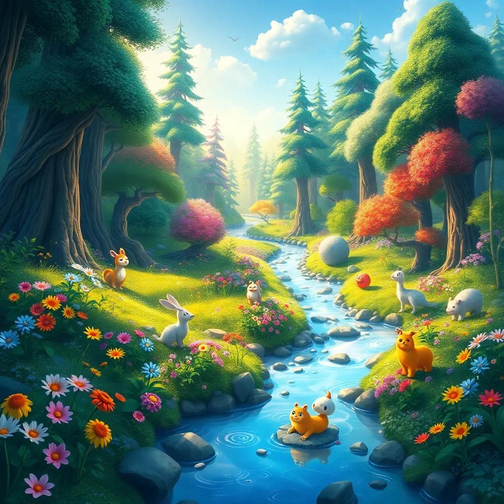 A wide view of the magical forest, filled with sparkling streams, colorful flowers, and smiling creatures, all thriving and alive, showcasing the forest's beauty and joy, vibrant and enchanting illustration