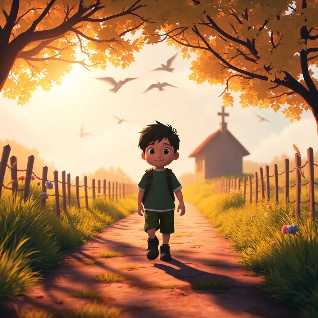Oliver walking back home through a sunlit path, his heart full of adventure and joy, a peaceful setting, with birds flying overhead, warm colors, serene and happy feeling