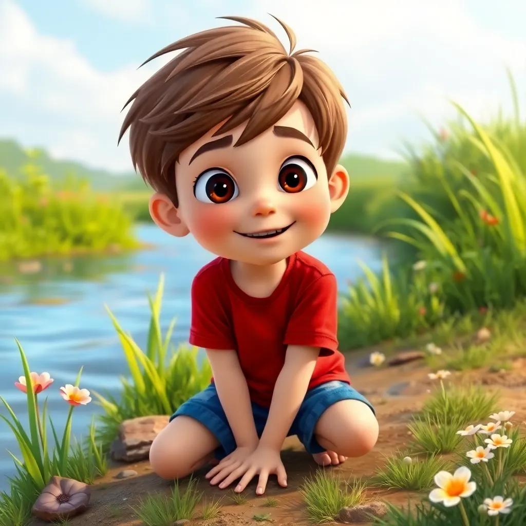 Oliver, a young boy with short brown hair wearing a red t-shirt and blue shorts, kneeling by the riverbank with a look of wonder on his face, surrounded by green grass and flowers, digital art, colorful, cheerful atmosphere, high quality