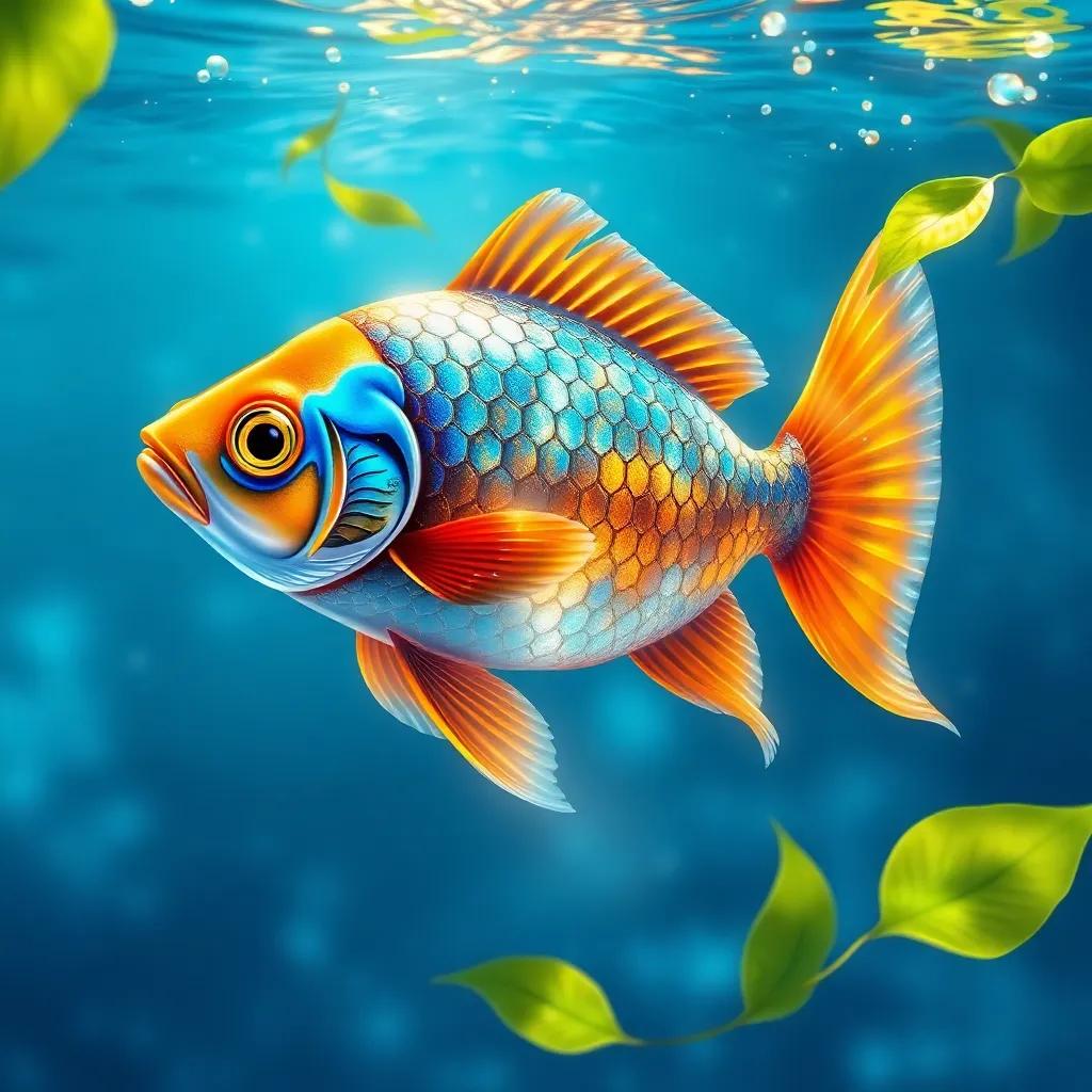 A beautiful fish with shimmering scales of blue and gold, swimming gracefully in the crystal clear water, sunlight sparkling on its body, surrounded by ripples and leaves floating gently, digital art, vibrant colors, magical feeling, high quality