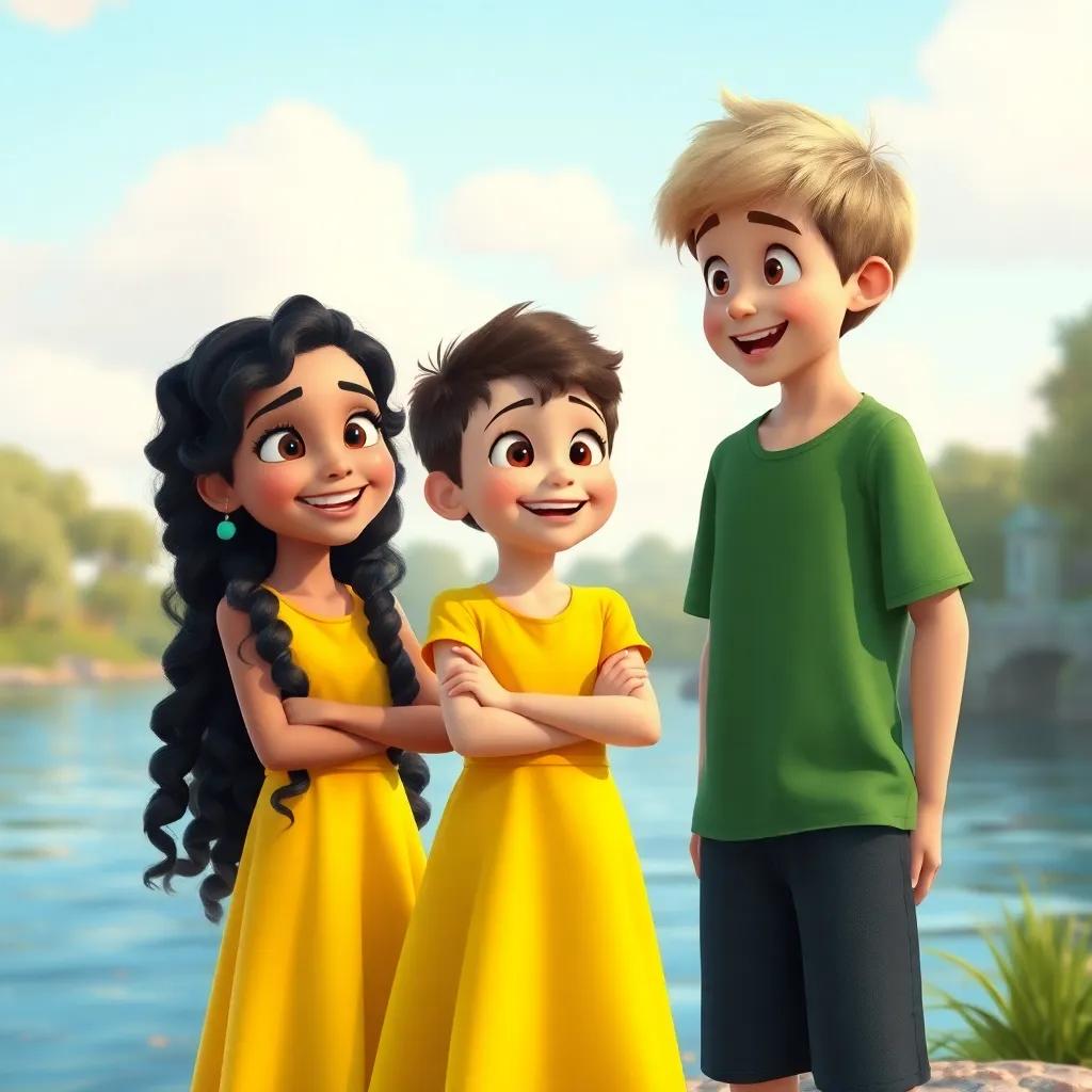 Mia, a young girl with long curly black hair wearing a bright yellow dress, and Max, a young boy with short blond hair in a green t-shirt, looking at Oliver excitedly, all three standing by the river with big smiles, digital art, lively, warm colors, joyful scene, high quality