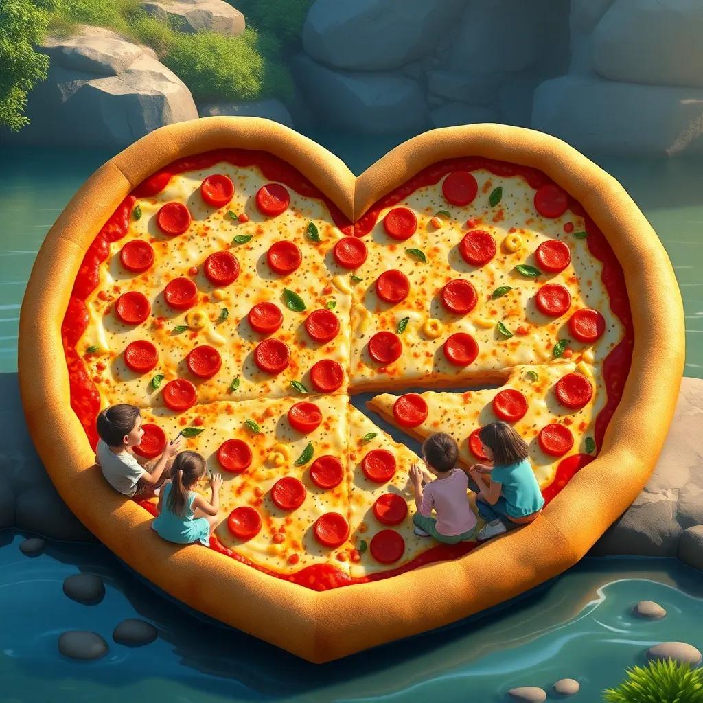 A gigantic pizza in the shape of a heart, covered in cheese, pepperoni, and colorful vegetables, placed on the riverbank with the children sitting around it, laughing and eating together, digital art, fun, inviting atmosphere, high quality