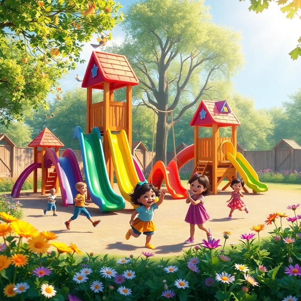 A magical playground sparkled with rainbow slides, swings, and climbing frames, surrounded by bright flowers in the sunlight with children playing happily, their laughter filling the air, digital art, vibrant and colorful, whimsical atmosphere, high quality