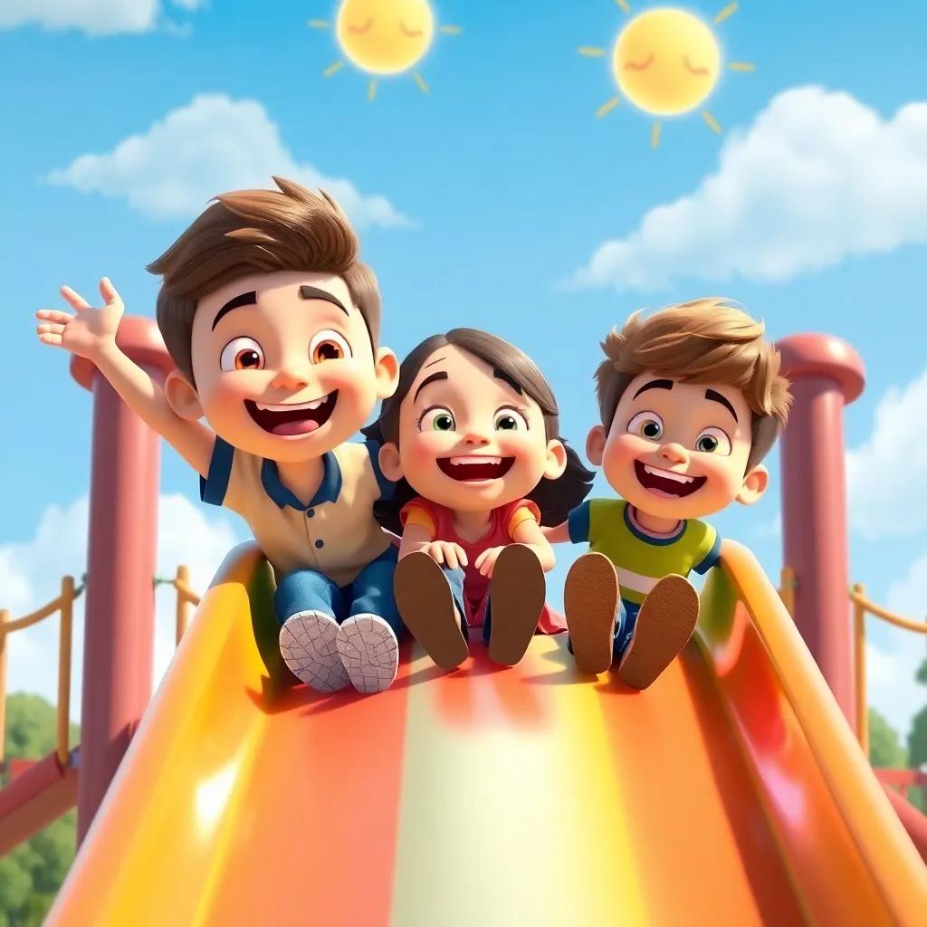 Oliver, Mia, and Max having fun at the magical playground, sliding down a rainbow slide together, all smiles with joy, sunny sky above them, digital art, cheerful, dynamic, high quality