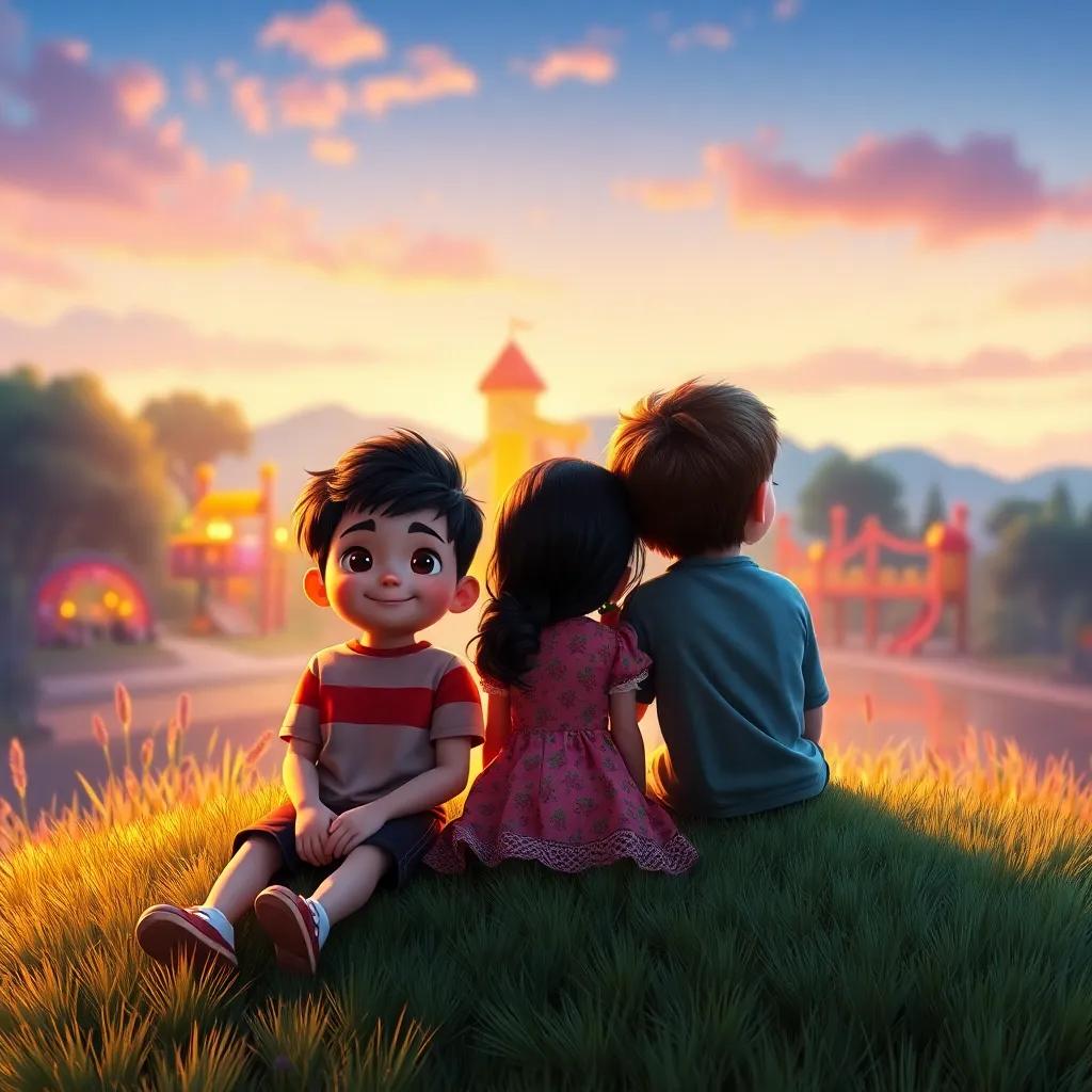 Oliver, Mia, and Max sitting together on a grassy hill, watching the sunset with happy faces, the magical playground behind them, glowing in warm colors, digital art, serene, heartfelt scene, high quality
