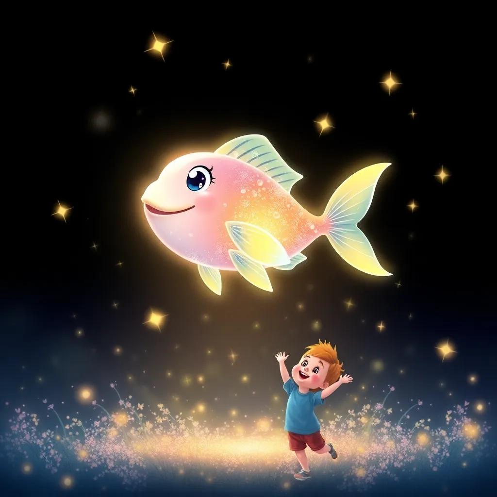 A shining Wishing Fish, swimming playfully in the air above the children, surrounded by sparkles and stars, radiating joy and happiness, digital art, magical, enchanting atmosphere, high quality
