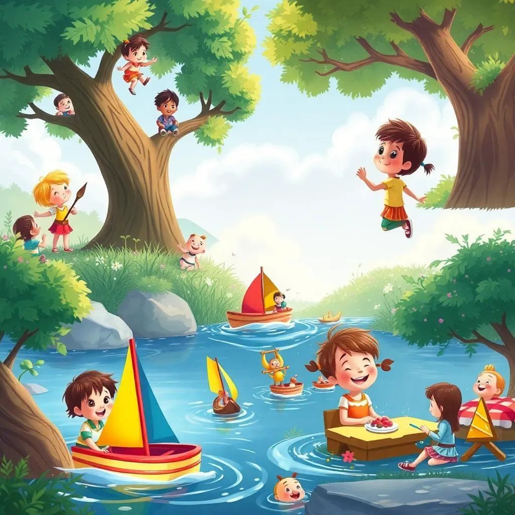The children exploring various adventures together, including climbing trees, sailing toy boats in the river, and having fun at a picnic, each scene filled with laughter and joy, digital art, animated, colorful, high quality