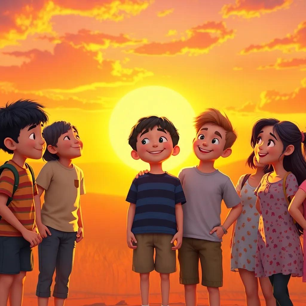 Oliver and his friends standing together, smiling at each other under a beautiful sunset, symbolizing friendship and happiness, digital art, warm colors, uplifting and inspiring scene, high quality