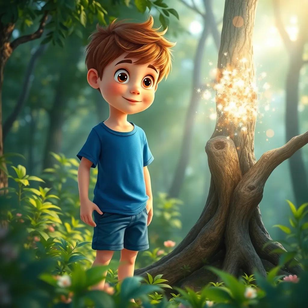 A young boy, Oliver, with light brown hair and wearing a blue t-shirt and shorts, discovering a sparkling tree in the forest, sunlight filtering through leaves, magical atmosphere, detailed digital art, vibrant colors, enchanting scene, high quality