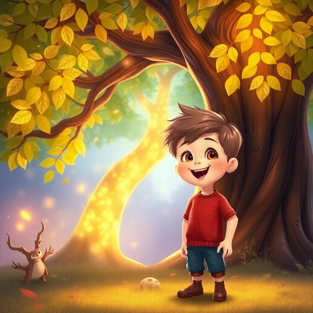 Oliver, a young boy with light brown hair, standing excitedly by the Wishing Tree that has shimmering leaves and a glowing trunk, under warm sunlight, joyful and magical ambiance, illustration, rich colors, whimsical