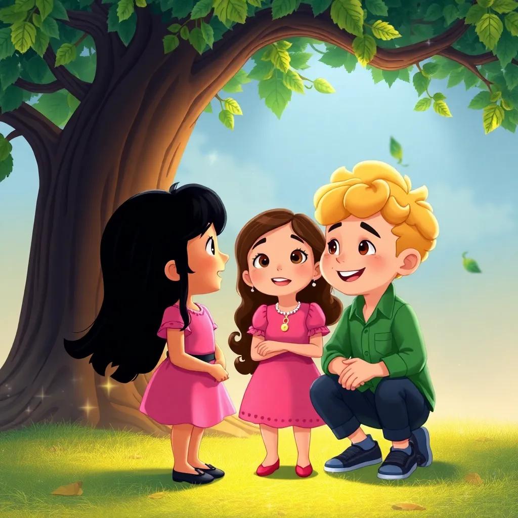 Oliver and his friends, Mia with long black hair in a pink dress and Jake with curly blonde hair and a green shirt, gathered under the Wishing Tree, talking happily, surrounded by sparkles and light, cheerful and vibrant, child-friendly art