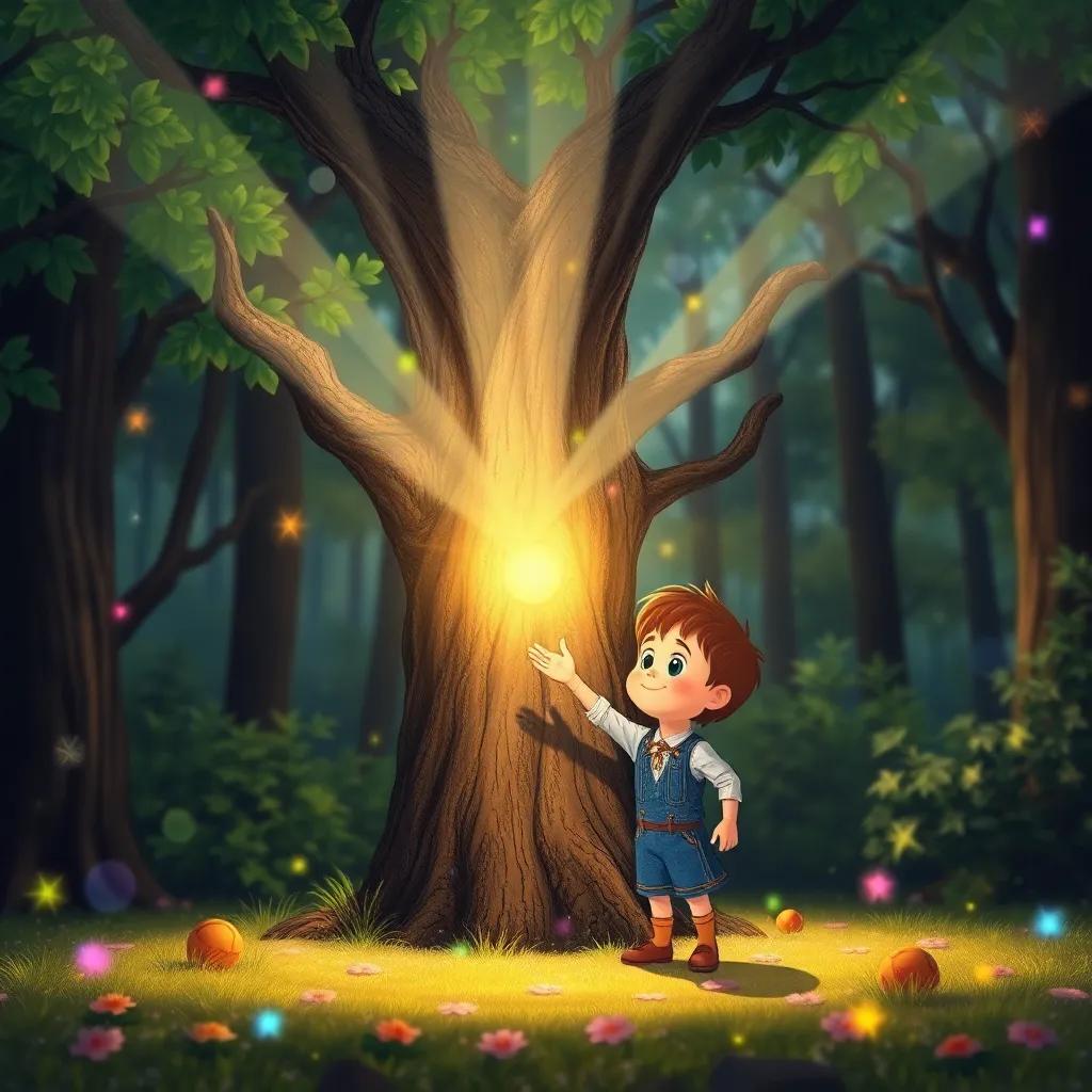 A warm breeze surrounding Oliver as he makes his first wish, the tree glowing brightly, with rays of light and colorful sparkles around, magical forest background, whimsical style, high quality