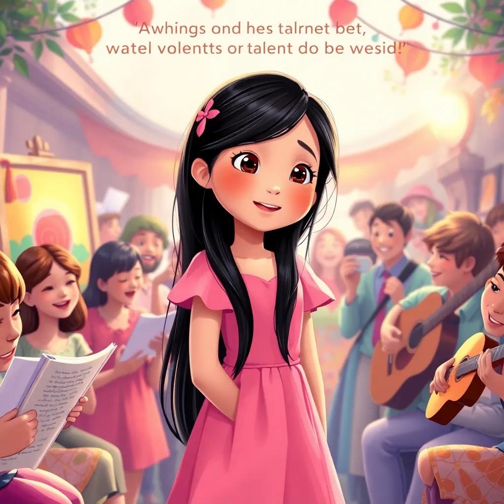 Mia, a young girl with long black hair in a pink dress, wishing for talents to be shared, surrounded by people singing, painting, and playing music, joyful scene, detailed digital art, bright colors
