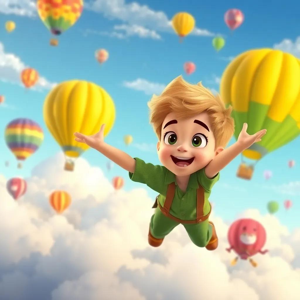 Jake, a young boy with curly blonde hair in a green shirt, wishing for adventure, flying above clouds with his friends, surrounded by colorful hot air balloons, vibrant and magical atmosphere, playful style, high quality