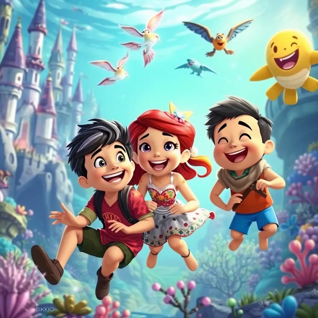A scene showing Oliver, Mia, and Jake in various magical adventures together, underwater castles, and flying creatures, surrounded by laughter and joy, fantasy illustration, colorful and dynamic