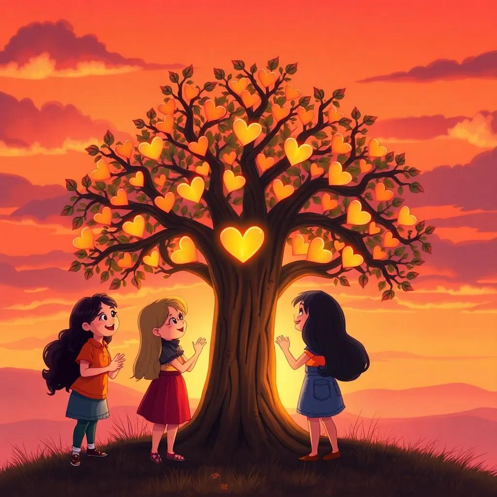 The friends gathered around the Wishing Tree at sunset, hearts full of gratitude, with shades of orange and purple sky behind them, cheerful atmosphere, child-friendly art, detailed and warm