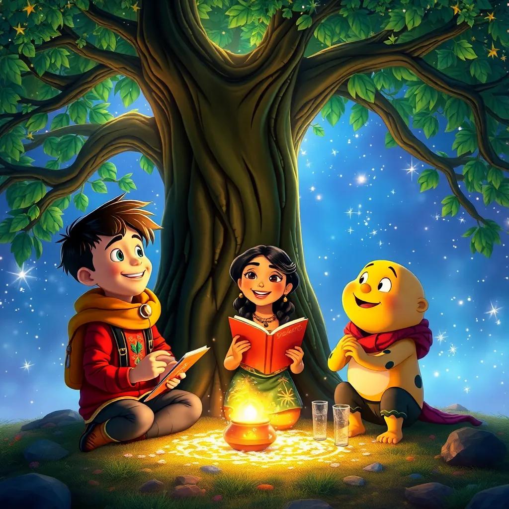 Oliver, Mia, and Jake under the Wishing Tree, smiling and sharing stories of their adventures, surrounded by magical sparkles and a glowing tree, vibrant colors, heartwarming scene, high quality