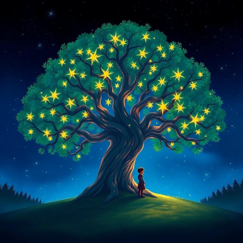 A beautifully painted Wishing Tree glowing in the night, surrounded by stars, with Oliver and his friends in silhouette under its branches, magical and enchanting setting, detailed illustration, high quality