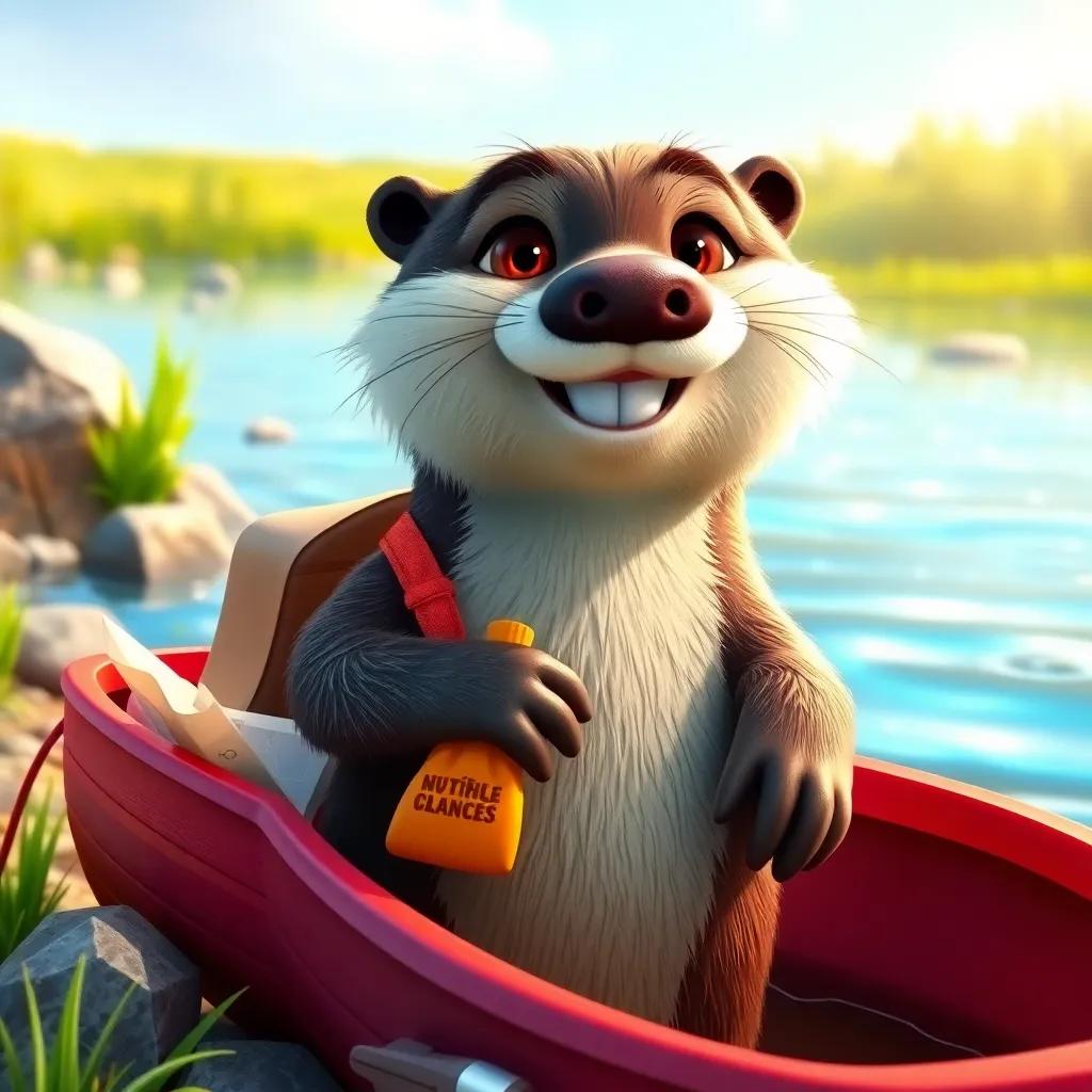 Oliver the otter, with shiny fur and a big smile, packing nutritious snacks and a little red boat by the riverbank, surrounded by glistening water and green grass, digital art, colorful, playful atmosphere, high quality