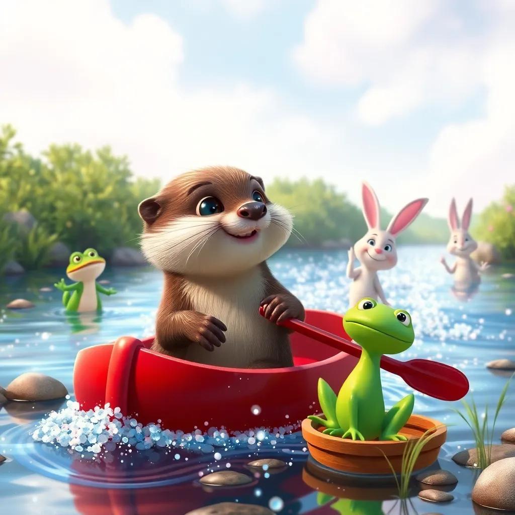 Oliver the otter, with shiny fur, paddling his little red boat on a sparkling river, with Lily the frog and Benny the bunny waving from the shore, joyful expressions, vibrant scenery, digital illustration, bright and inviting colors, high quality