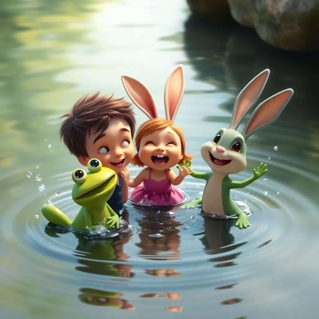 Oliver, Lily the frog, and Benny the bunny in the water, splashing and laughing together, with Oliver looking surprised as Benny jumps ahead, surrounded by playful ripples, digital art, fun and engaging, colorful tones, high quality