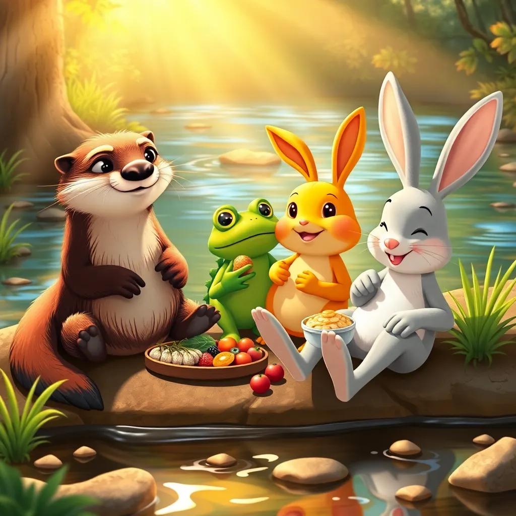 Oliver the otter, Lily the frog, and Benny the bunny relaxing on the riverbank, sharing snacks together - crunchy fish and juicy fruits, sunny rays shining down, digital art, warm and cheerful, inviting atmosphere, high quality