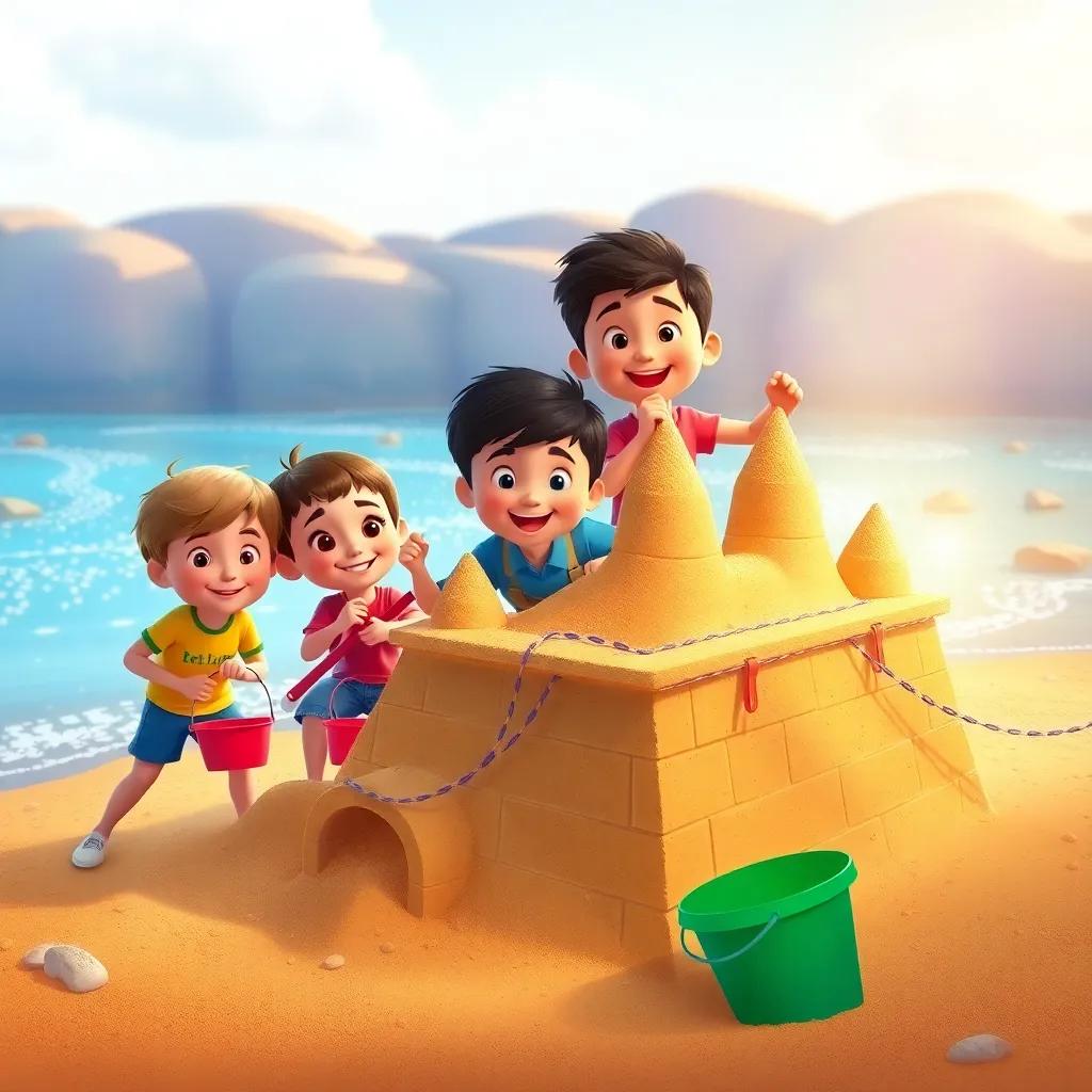 Oliver with his friends building a big sandcastle, with buckets and shovels, all smiling as they work together, colorful riverbank and sparkling river in the background, digital art, vibrant and playful, high quality