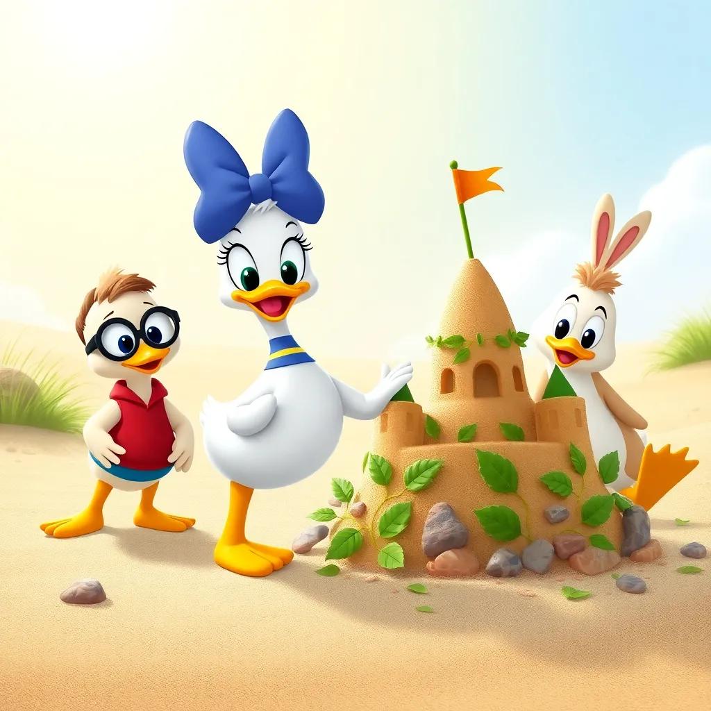 Daisy the duck joining Oliver, Lily, and Benny, quacking happily, all friends gathered with sandcastle decorated with leaves and stones, sunny backdrop, digital art, friendly and colorful, high quality