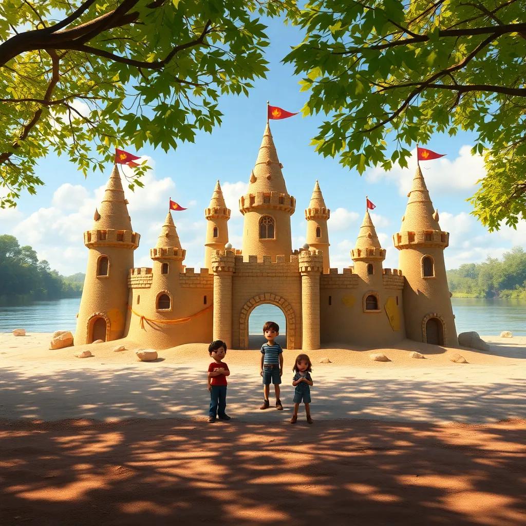 A big, magnificent sandcastle by the river, decorated with leaves and stones, with Oliver, his friends, and Daisy proudly standing in front, sunny day and river in the background, digital art, stunning and imaginative, high quality