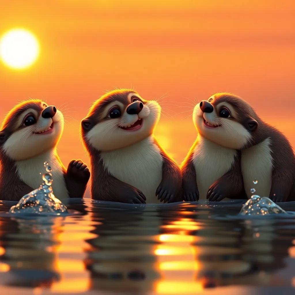 Oliver the otter, with shiny fur and a big smile, sitting with his friends at sunset, reflecting on their splashy day filled with laughter and fun, warm golden light, digital art, heartwarming and magical mood, high quality