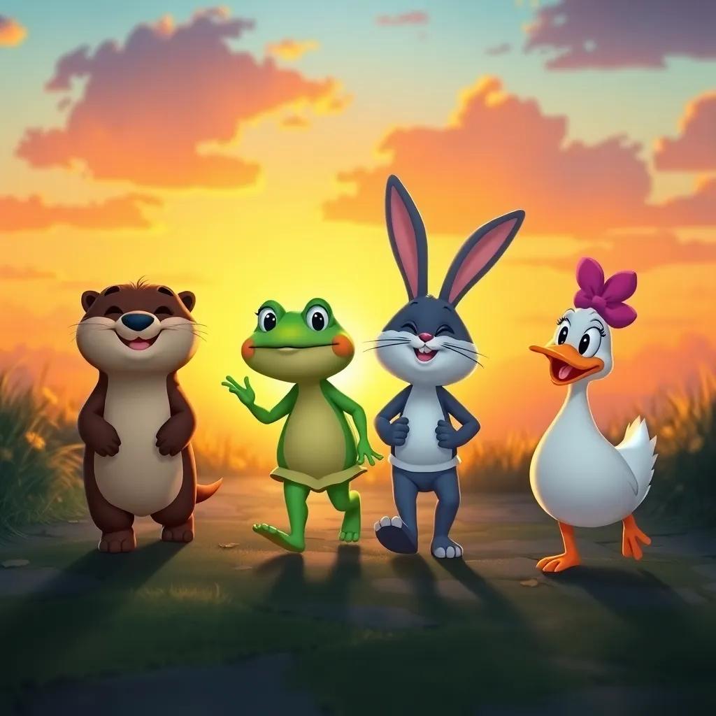 Oliver the otter, Lily the frog, Benny the bunny, and Daisy the duck walking home together at sunset, joyful expressions, warm colors surrounding them, representing friendship as the heart of adventure, digital art, charming and uplifting, high quality