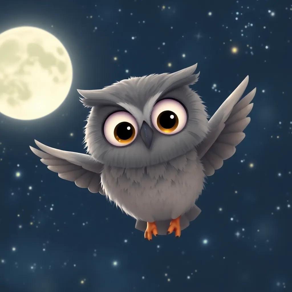 A wise owl named Oliver, with big round eyes and soft grey feathers, soaring through a starry night sky with a bright full moon, whimsical, digital art, glowing colors, enchanting atmosphere, high quality