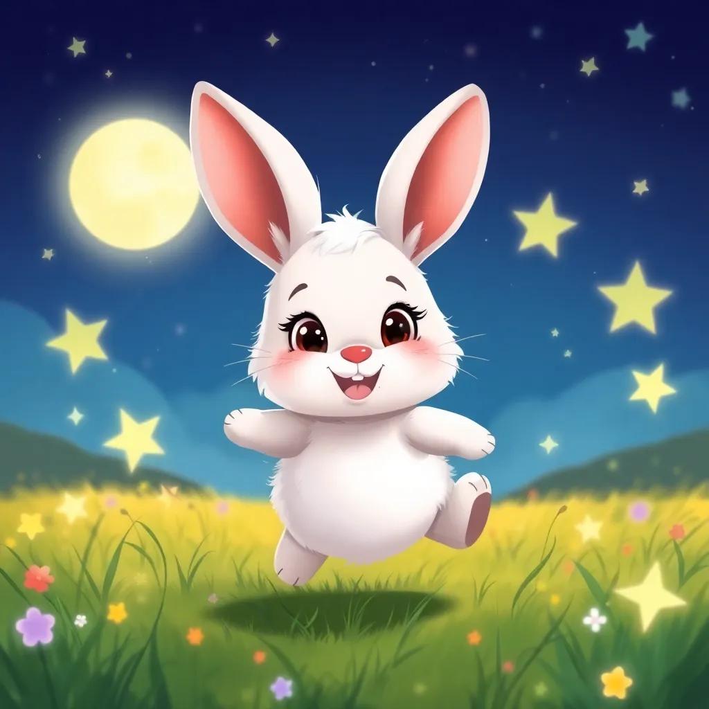 A fluffy rabbit named Bella, with large ears and a cheerful expression, hopping excitedly in a moonlit meadow surrounded by sparkling stars, illustration, vibrant colors, playful, child-friendly