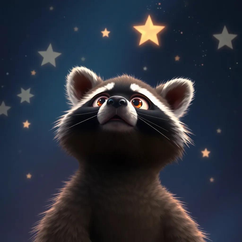 A curious raccoon named Charlie, with a shiny black mask and bright eyes, looking up in wonder at the shimmering stars against a dark, night sky, digital painting, magical, warm light, high quality