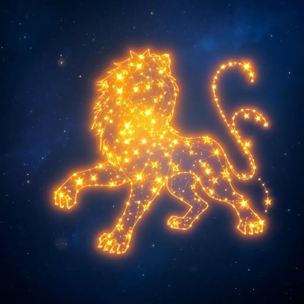 The constellation Leo shaped like a lion, made up of bright stars in the night sky, with a mystical aura and a backdrop of deep blue, digital art, vibrant, fantasy-like, storytelling view, high quality