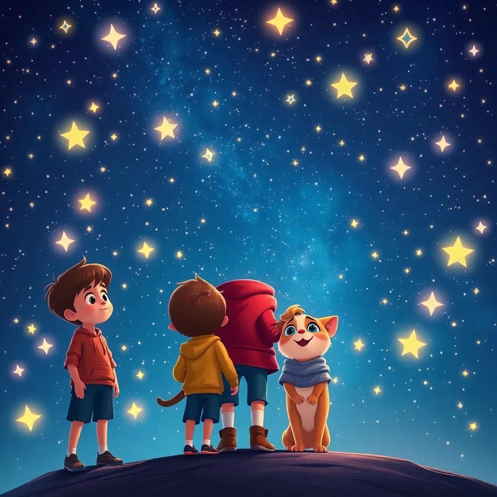 A breathtaking view of twinkling stars all around Oliver, Bella, and Charlie in the night sky, with a sense of wonder and awe, illustration, colorful, magical ambiance, high quality