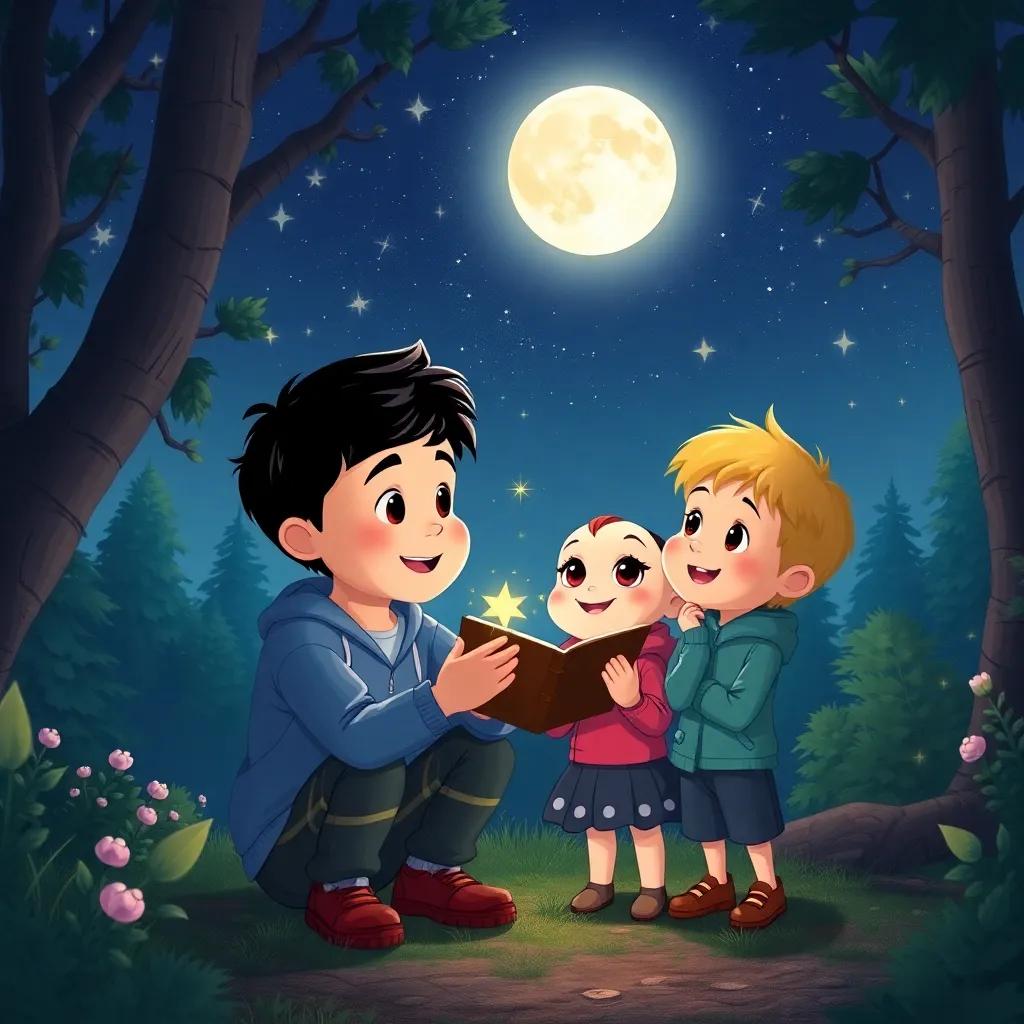 Oliver teaching Bella and Charlie about the stars and constellations under the moonlight in a serene forest, filled with wonder and excitement, illustration, cheerful colors, heartwarming scene, high quality